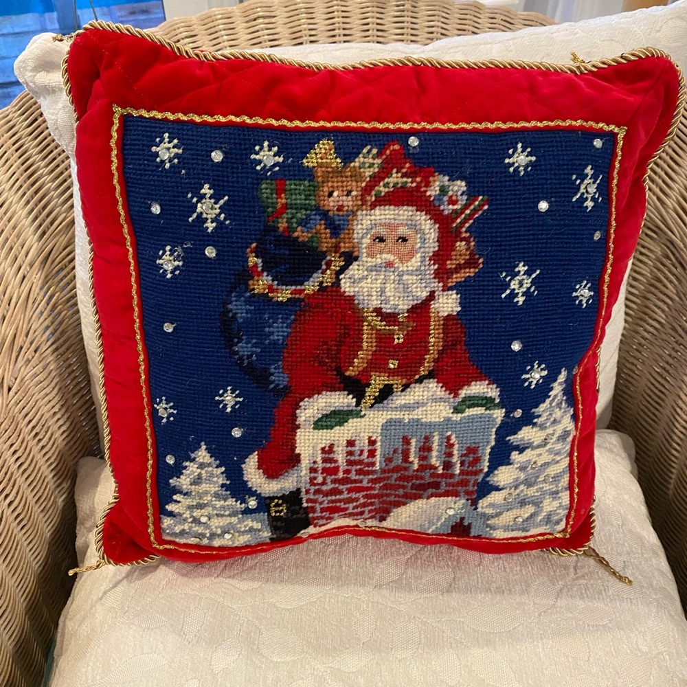CHRIS RADKO Vintage Needlepoint Red Velvet Pillow Santa Delivering Toys 🎅